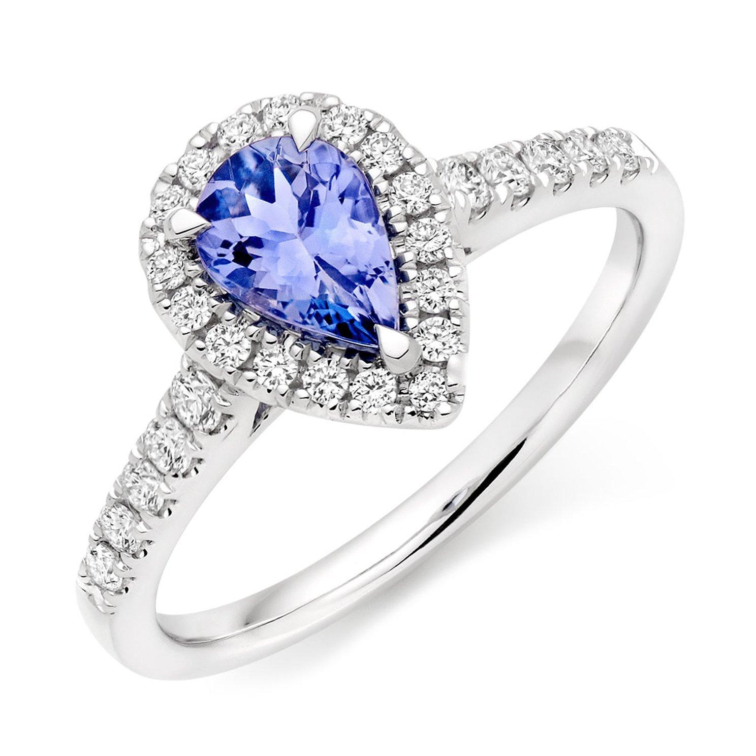 18ct White Gold Diamond Tanzanite Pear Shaped Halo Ring