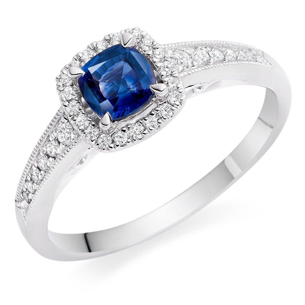 Beaverbrooks Women's 18ct White Gold Diamond Sapphire Halo Ring, Diamond Carat 0.2 Colour G, Clarity SI1, Ring Size M