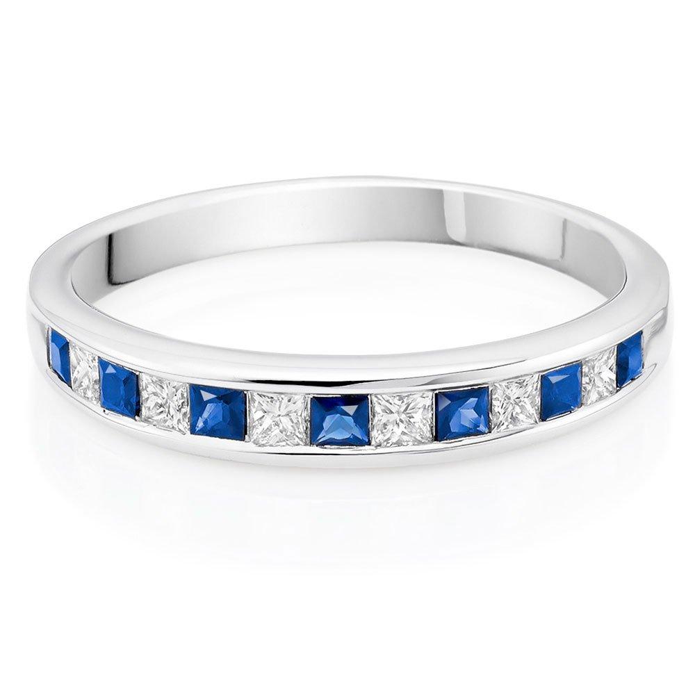 18ct White Gold Diamond Sapphire Princess Cut Half Eternity Ring ...