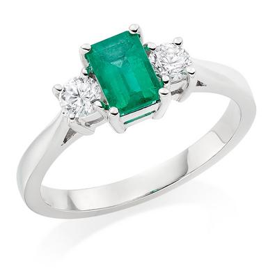 18ct White Gold Emerald and Diamond Three Stone Ring