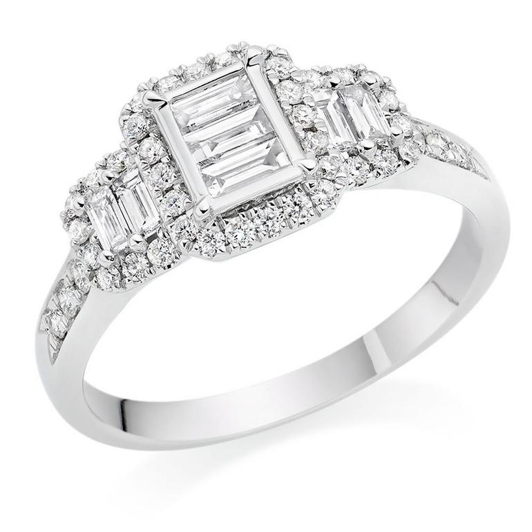 18ct White Gold Diamond Baguette Cut Three Stone Halo Ring