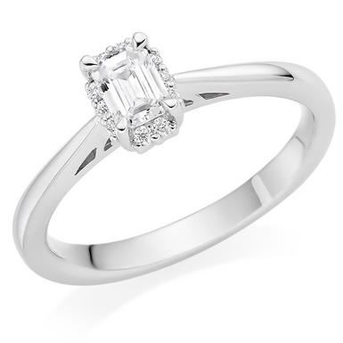 18ct White Gold Diamond Emerald Cut Halo Ring | 0111484 | Beaverbrooks ...