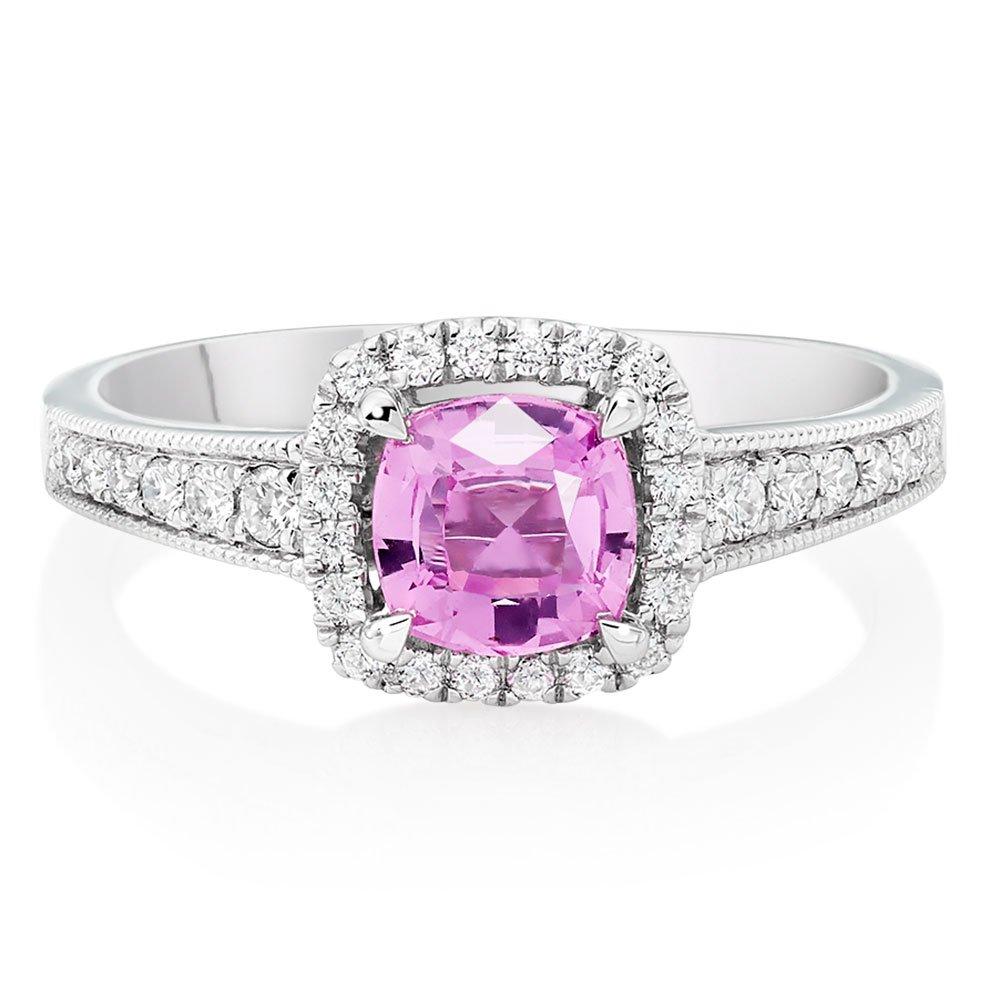 18ct White Gold Diamond Pink Sapphire Halo Ring | 0113618 ...