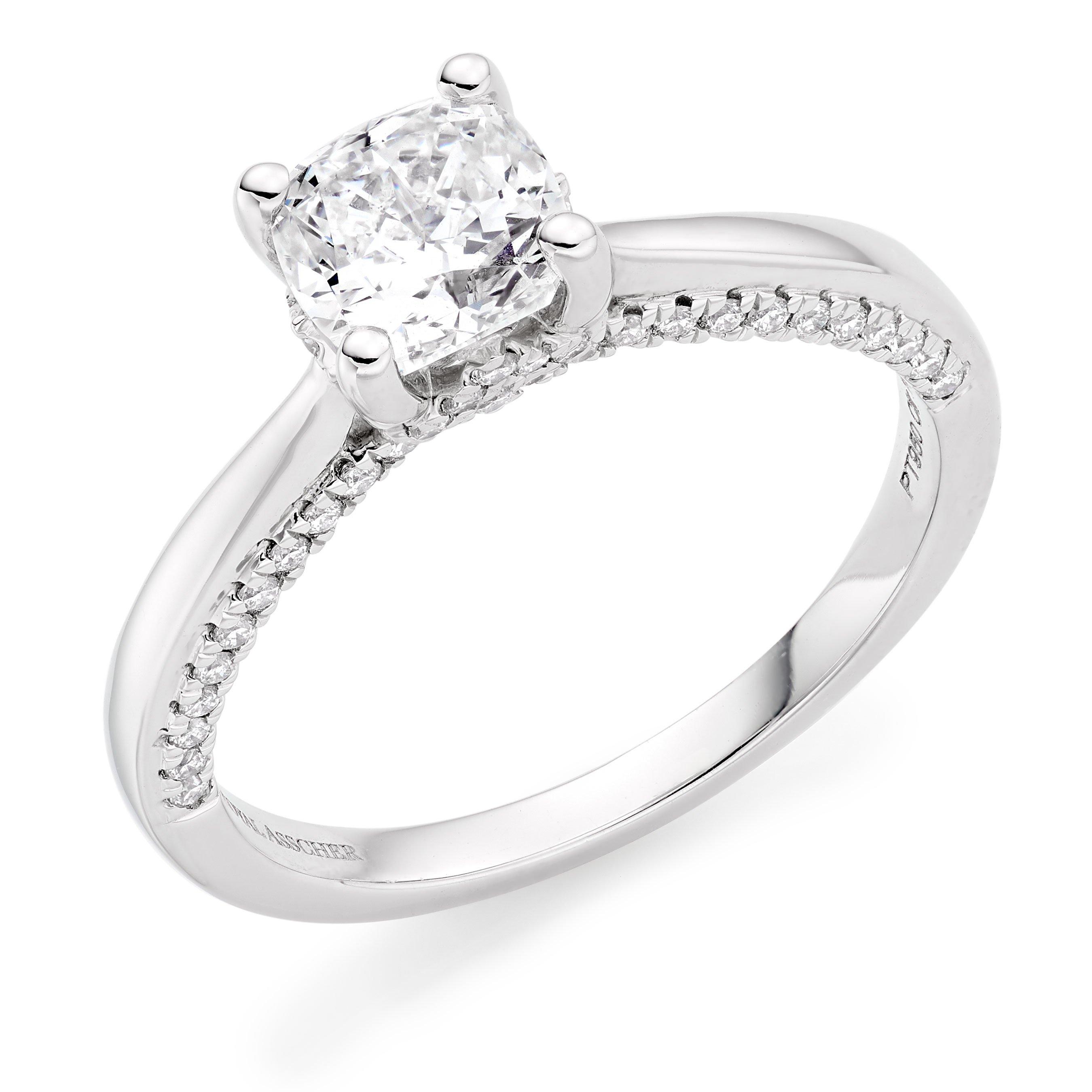 Royal Asscher Women's Louise Platinum Diamond Cushion Cut Solitaire Ring, Size: P