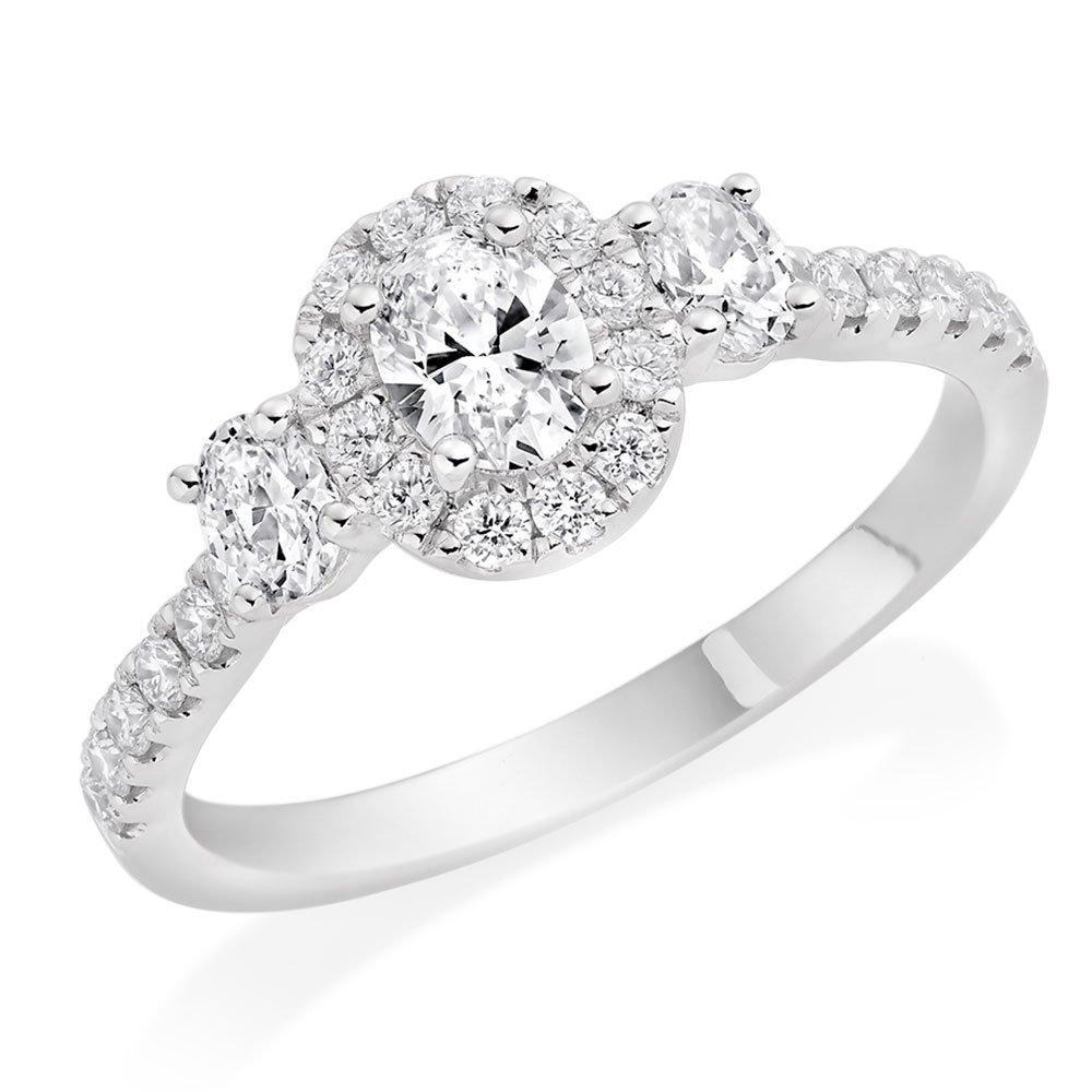 Platinum Diamond Oval Cut Halo Three Stone Ring