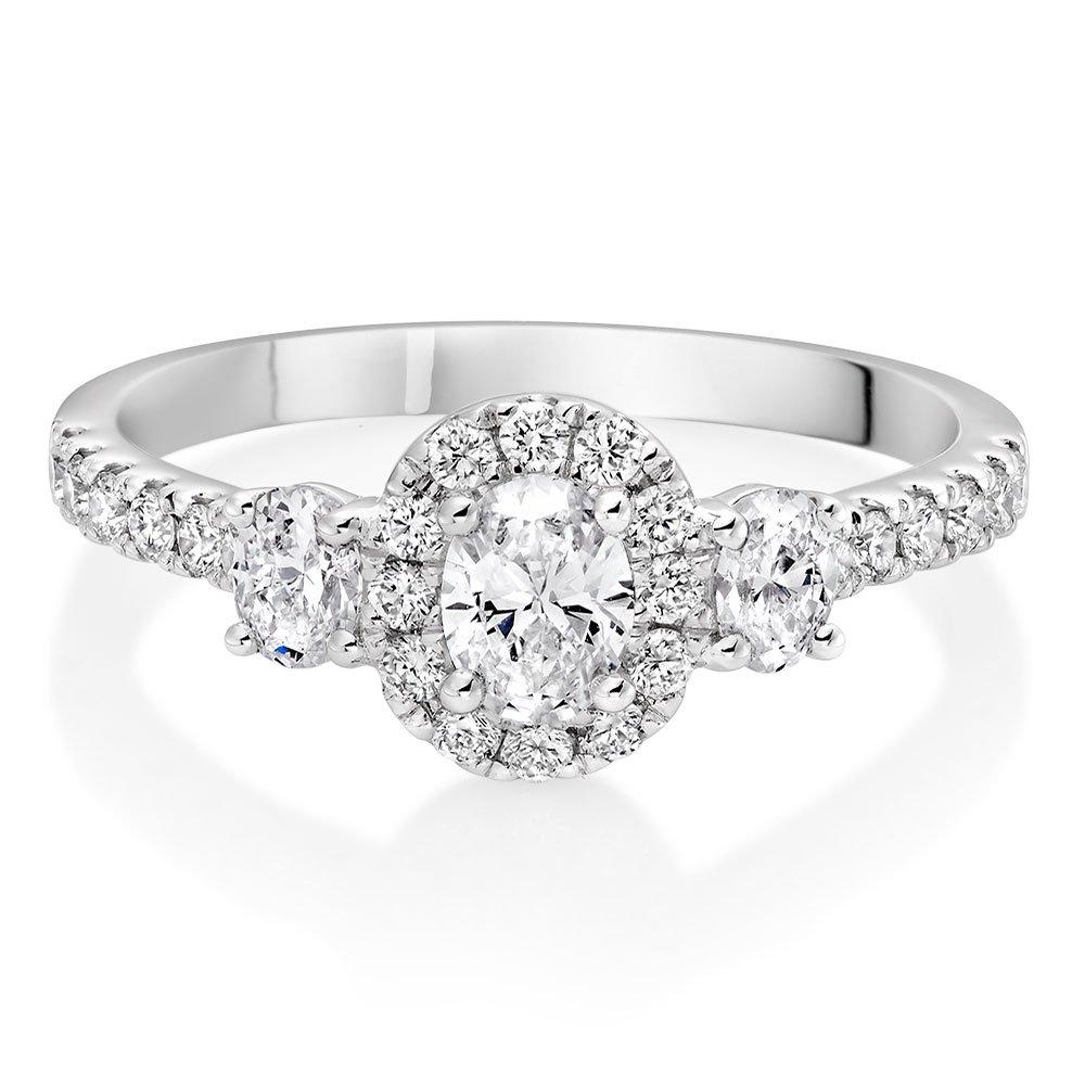 Platinum Diamond Oval Cut Halo Three Stone Ring | 0121812 ...