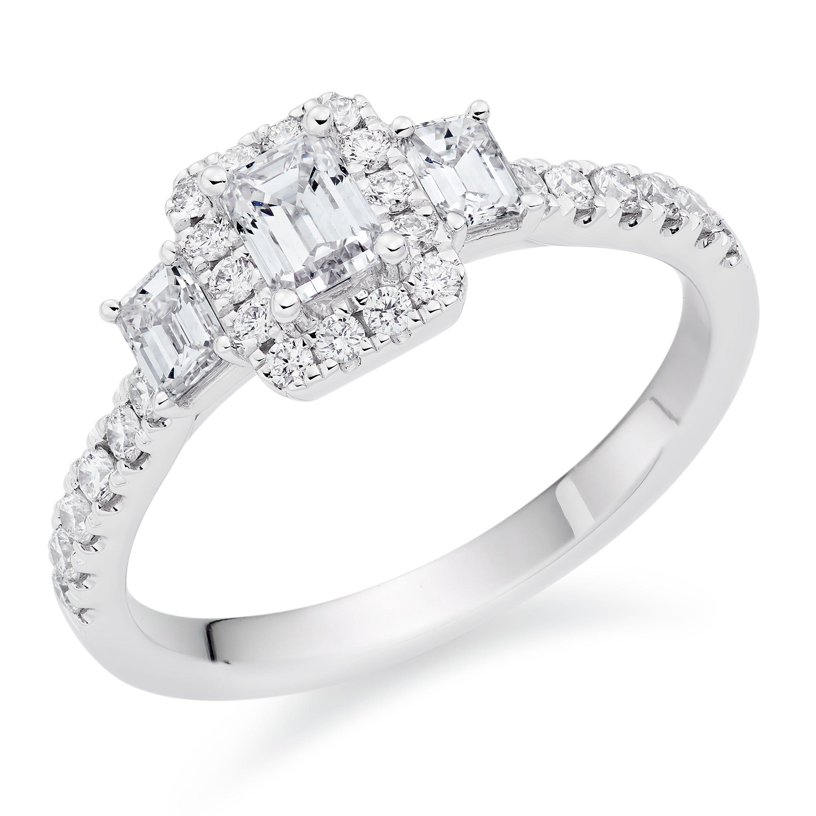 Platinum Diamond Emerald Cut Three Stone Halo Ring | 0127525 ...