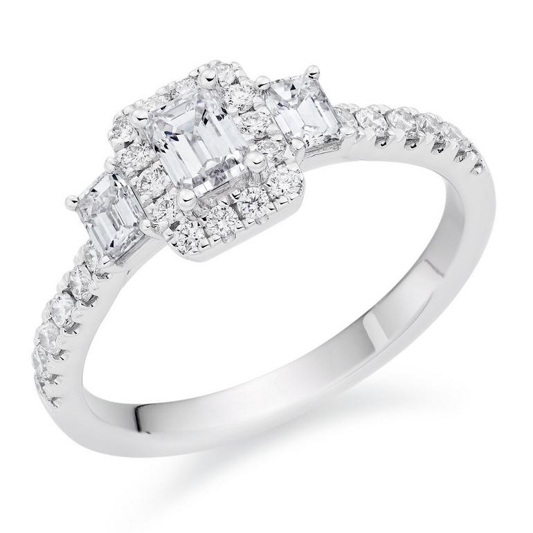 Platinum Diamond Emerald Cut Three Stone Halo Ring