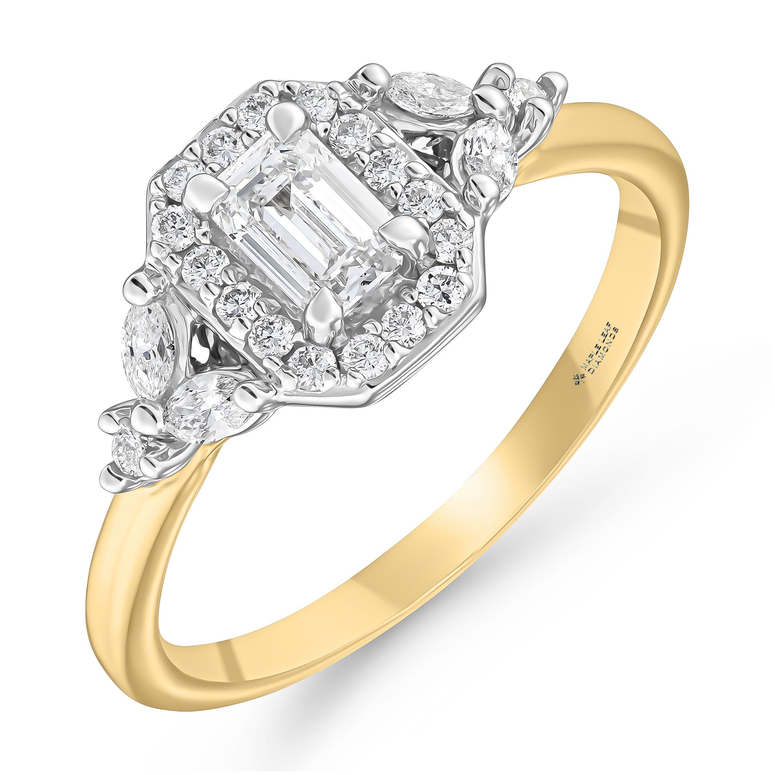 Maple Leaf Diamonds Tides of Love 18ct yellow Gold Diamond Emerald Cut Halo Engagement Ring