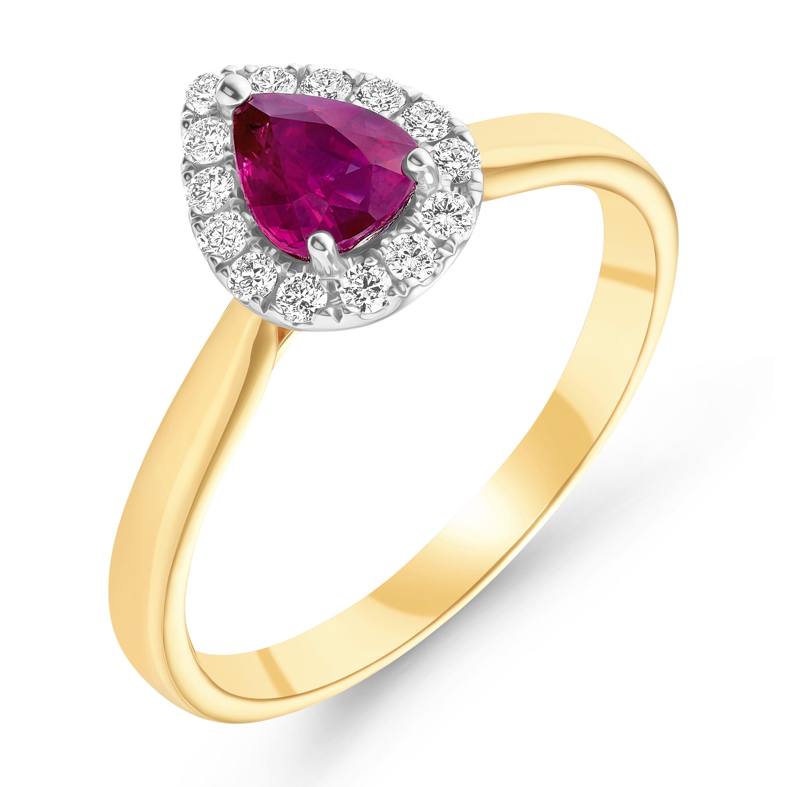 18ct Yellow Gold Diamond Ruby Pear Shaped Halo Engagement Ring