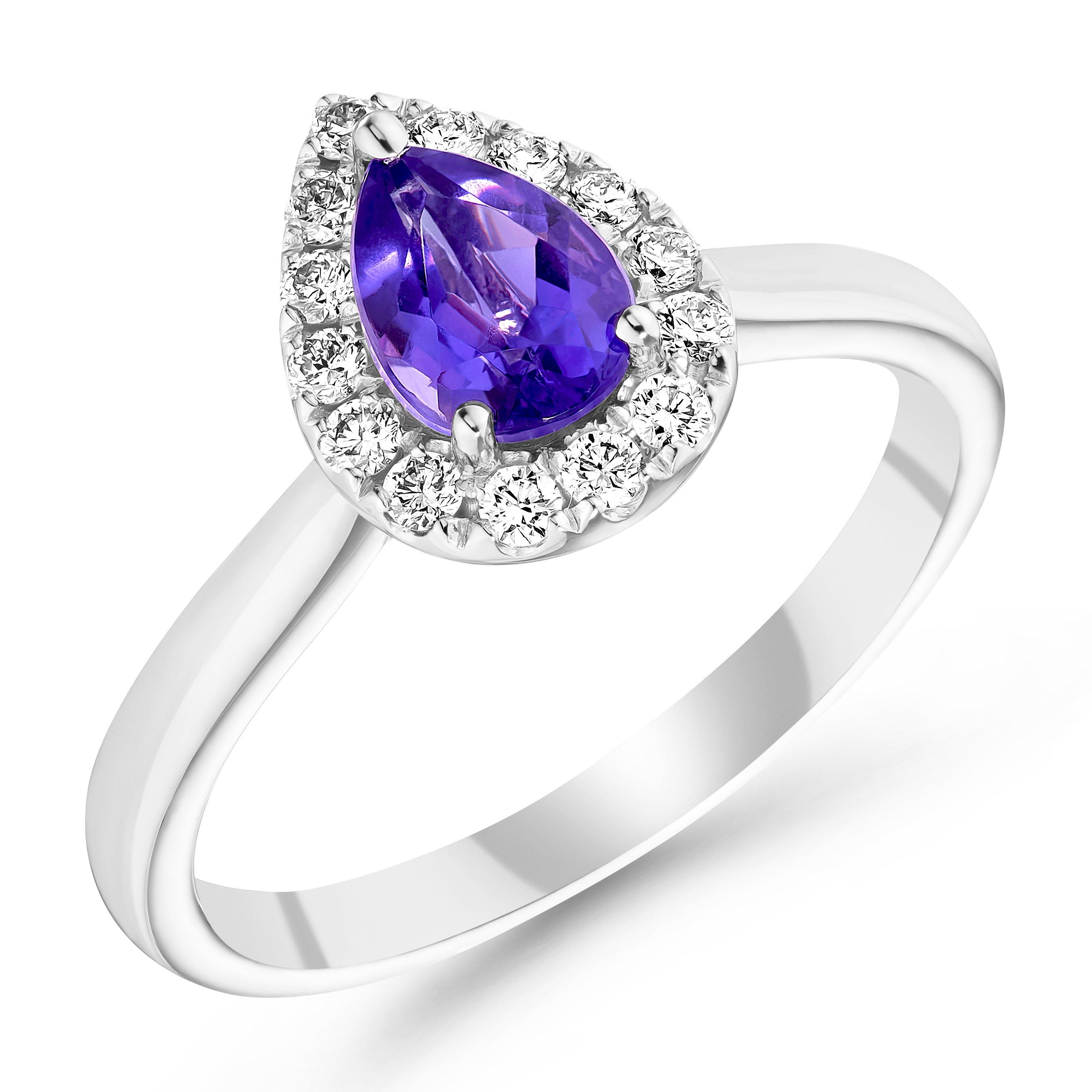 Beaverbrooks Platinum Diamond Amethyst Pear Shaped Halo Engagement Ring