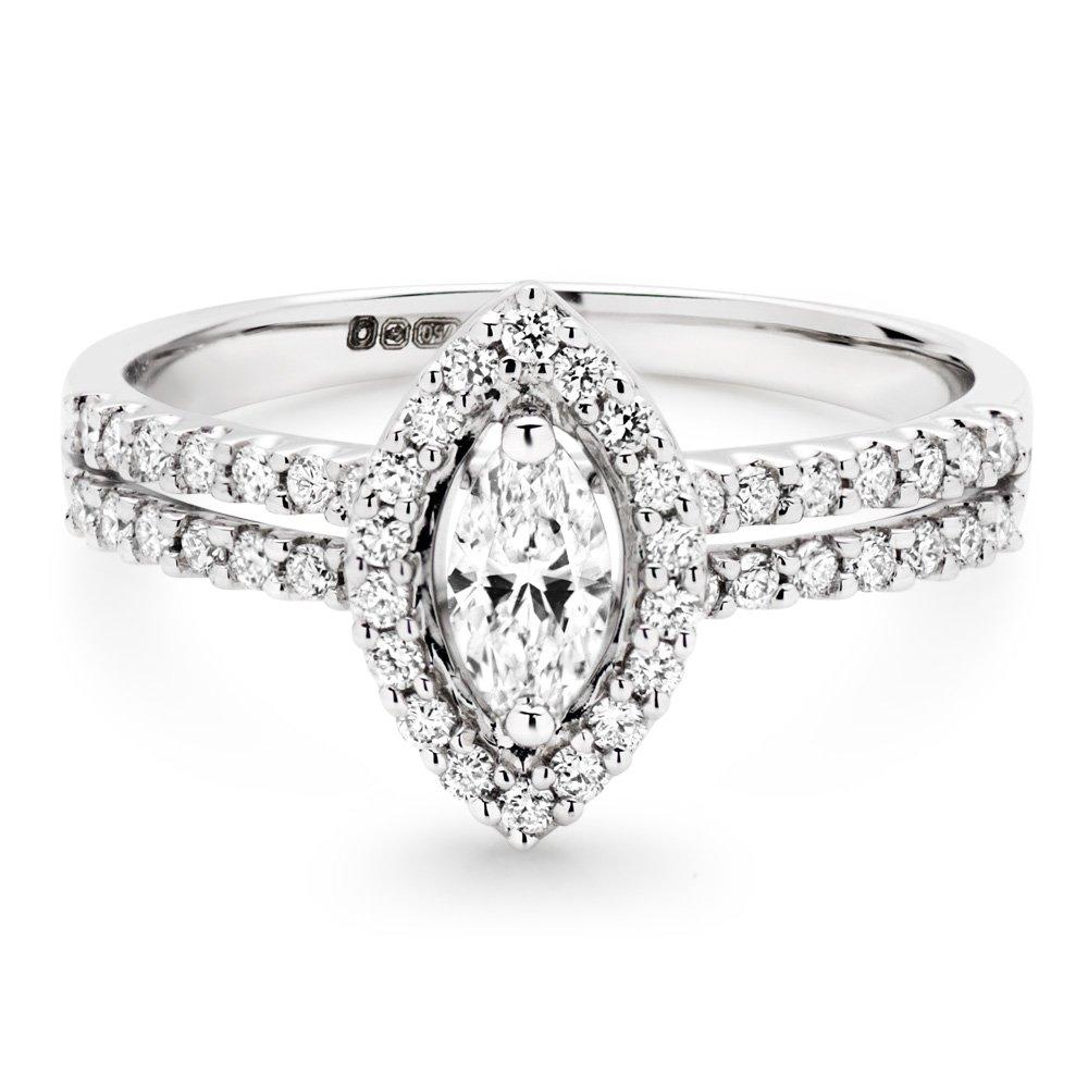 18ct White Gold Diamond Marquise Cut Halo Ring 0000113