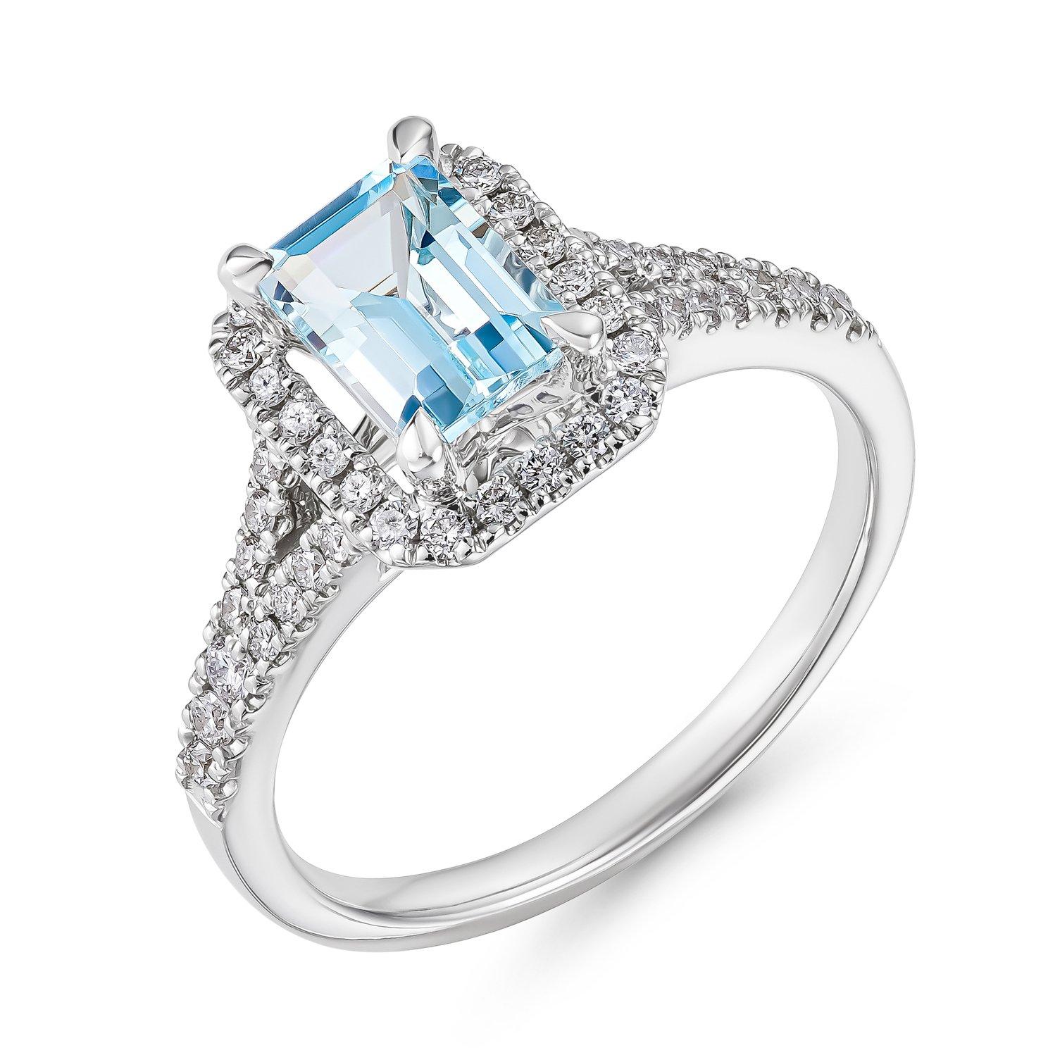 Aquamarine and deals diamond halo ring