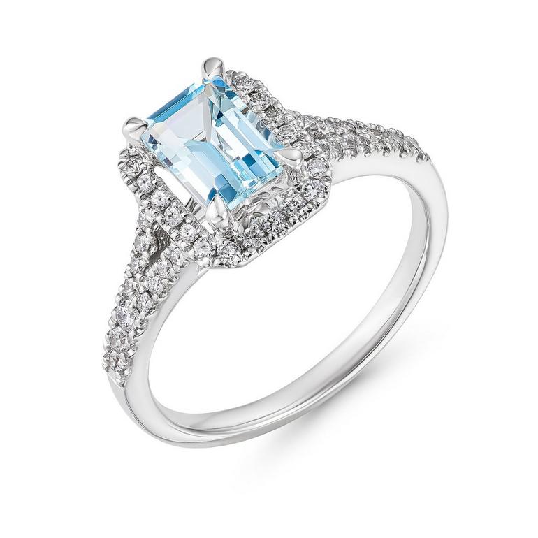 18ct White Gold Diamond Aquamarine Halo Ring