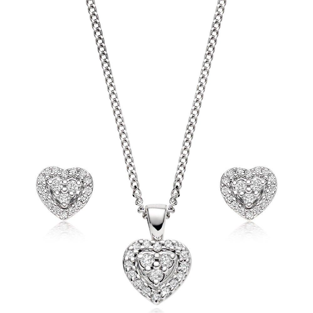 9ct White Gold Diamond Heart Pendant and Earrings Set