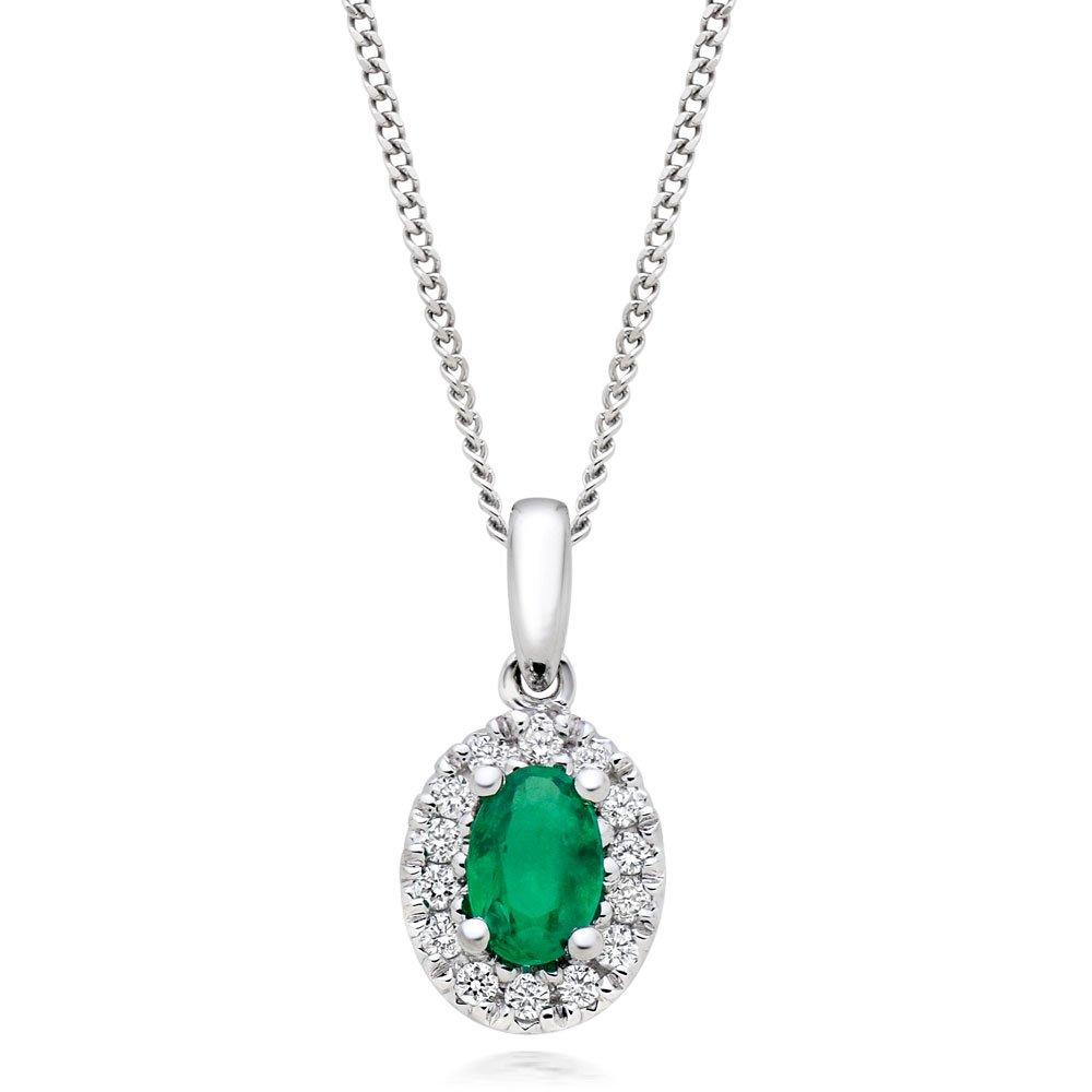 18ct White Gold Diamond Emerald Halo Pendant