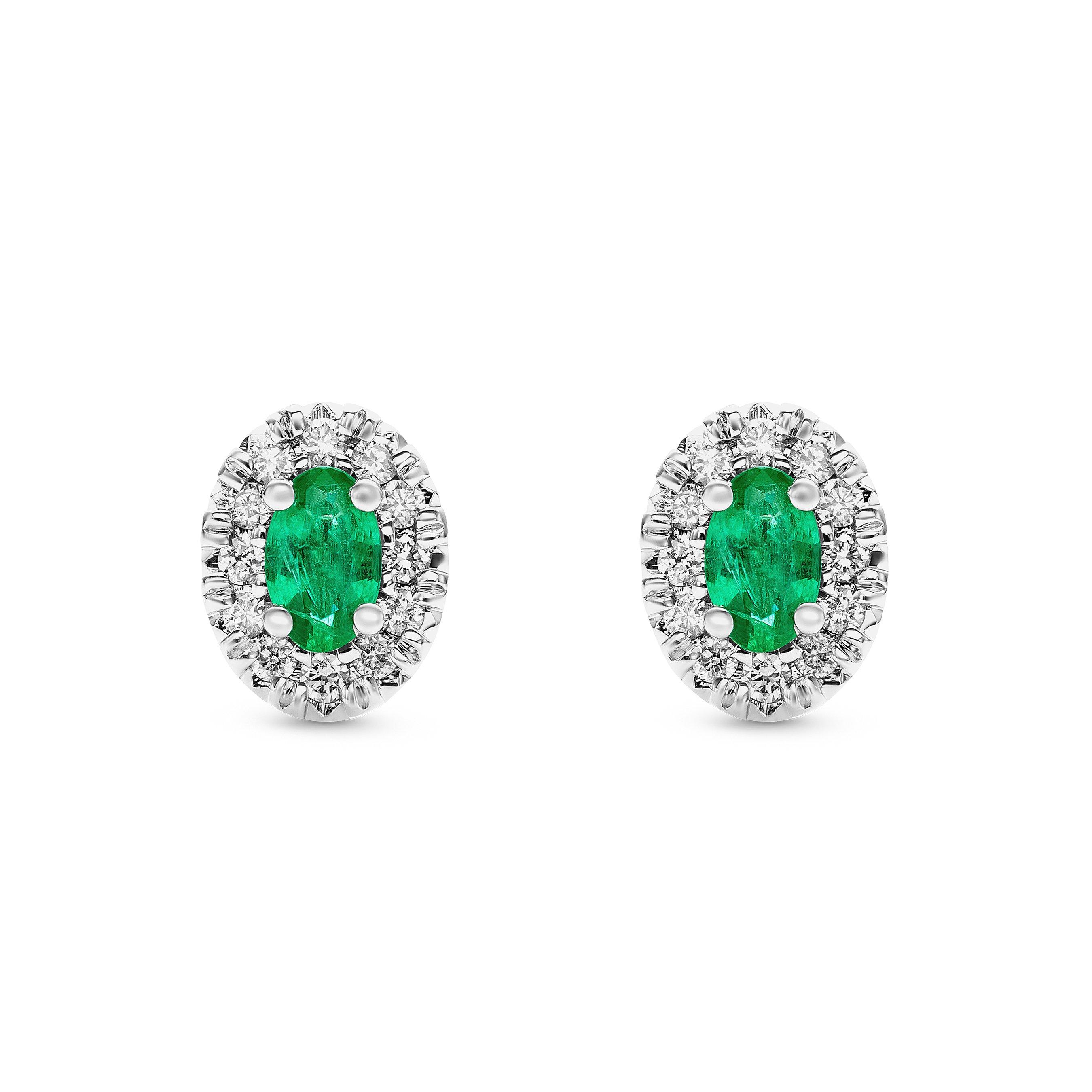 18ct White Gold Diamond Green Emerald Halo Earrings
