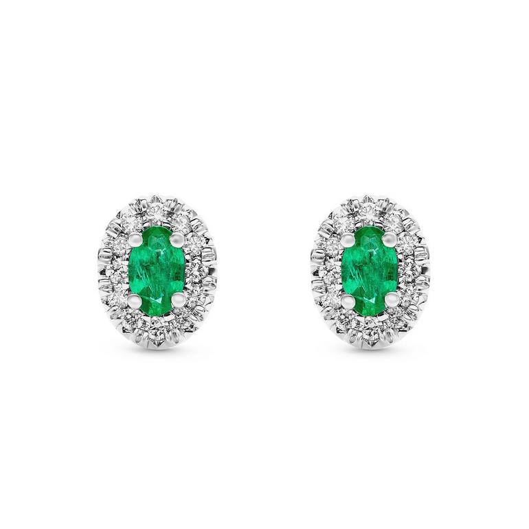 18ct White Gold Diamond Emerald Halo Earrings