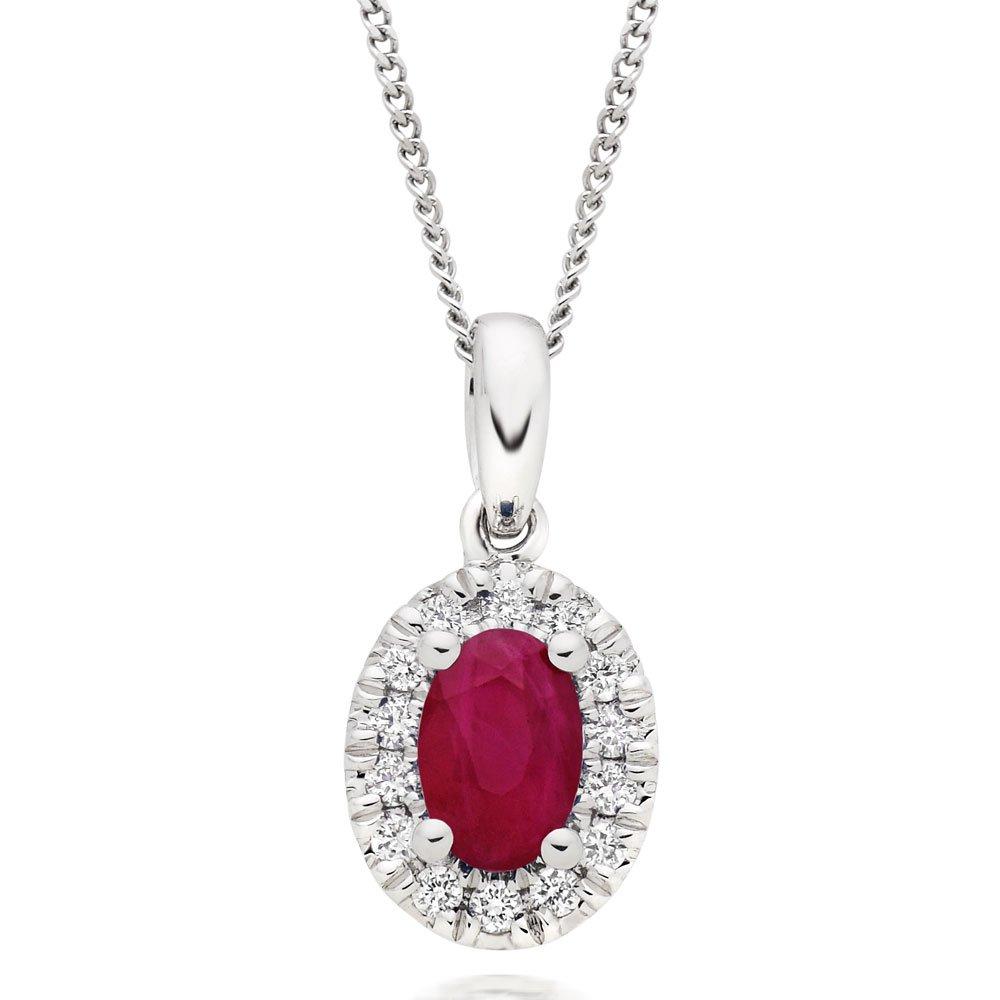 18ct White Gold Diamond Ruby Halo Pendant