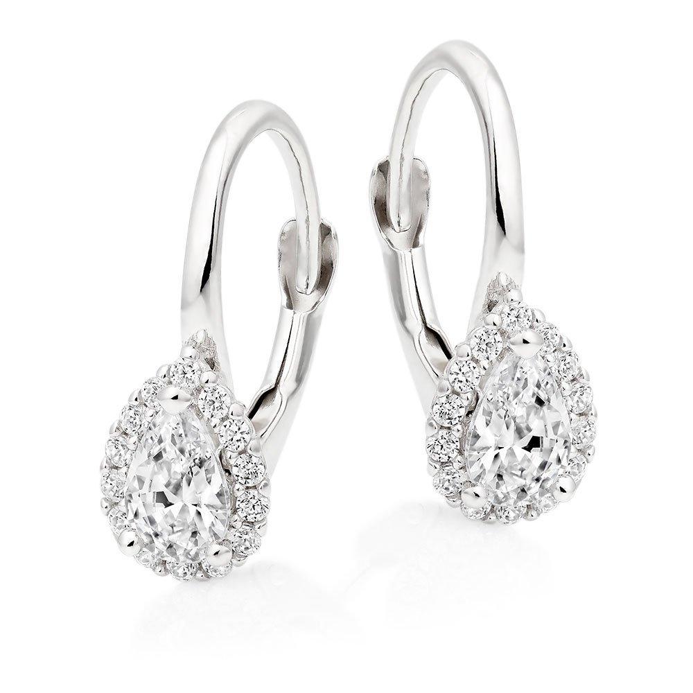 Beaverbrooks Women's 9ct White Gold Cubic Zirconia Pear Shaped Halo Drop Earrings, Size One Size