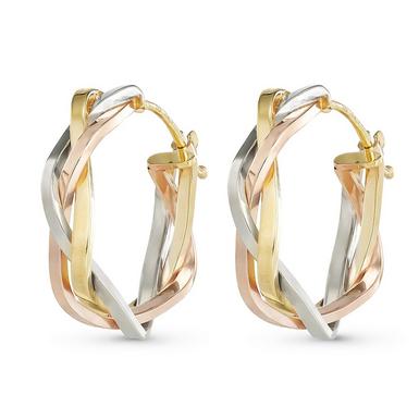 9ct Yellow Gold, Rose Gold and White Gold Plait Hoop Earrings | 0121693 ...