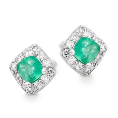 9ct White Gold Diamond Emerald Stud Earrings
