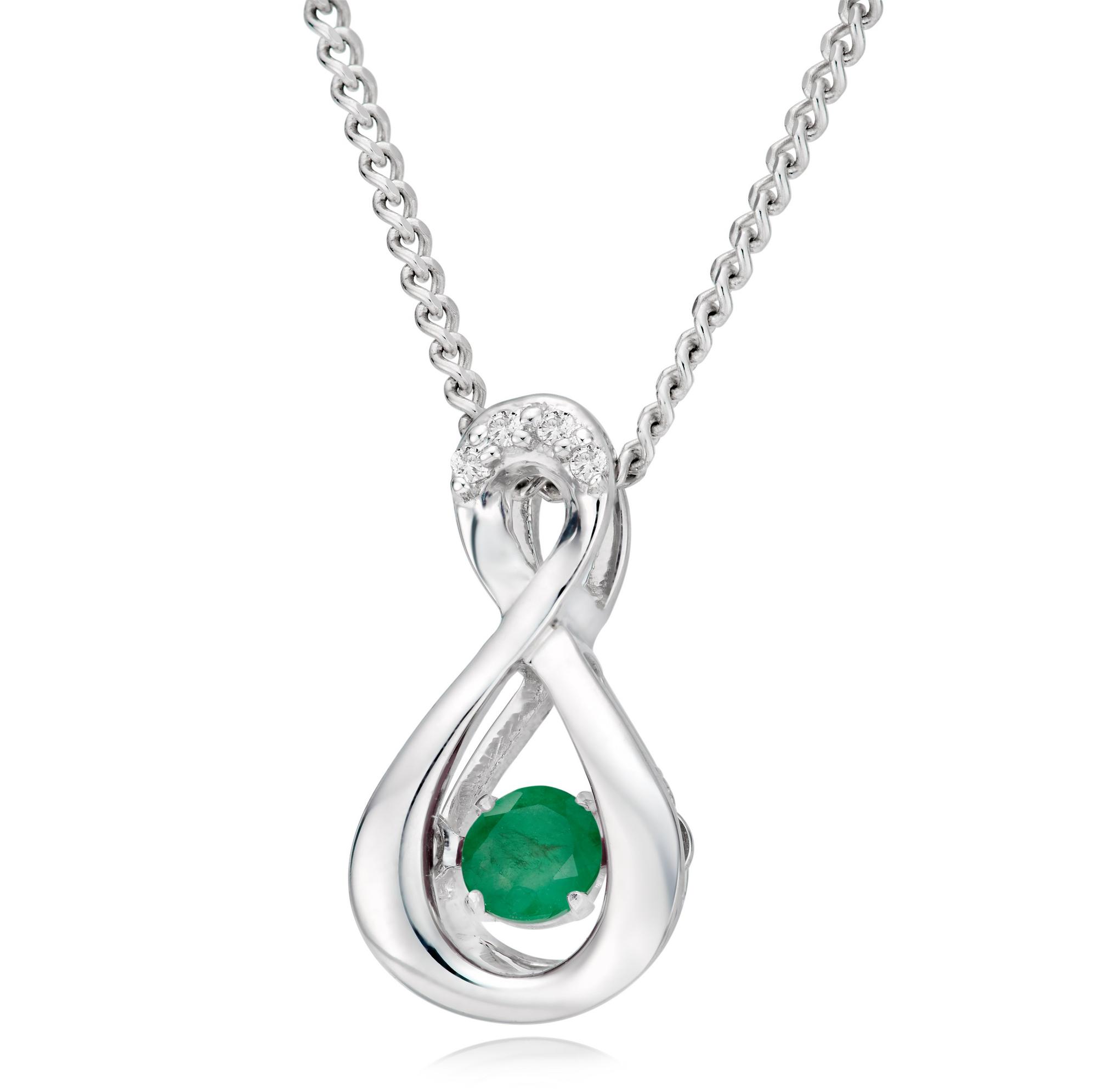 Dance 9ct White Gold Diamond Emerald Birthstone Pendant