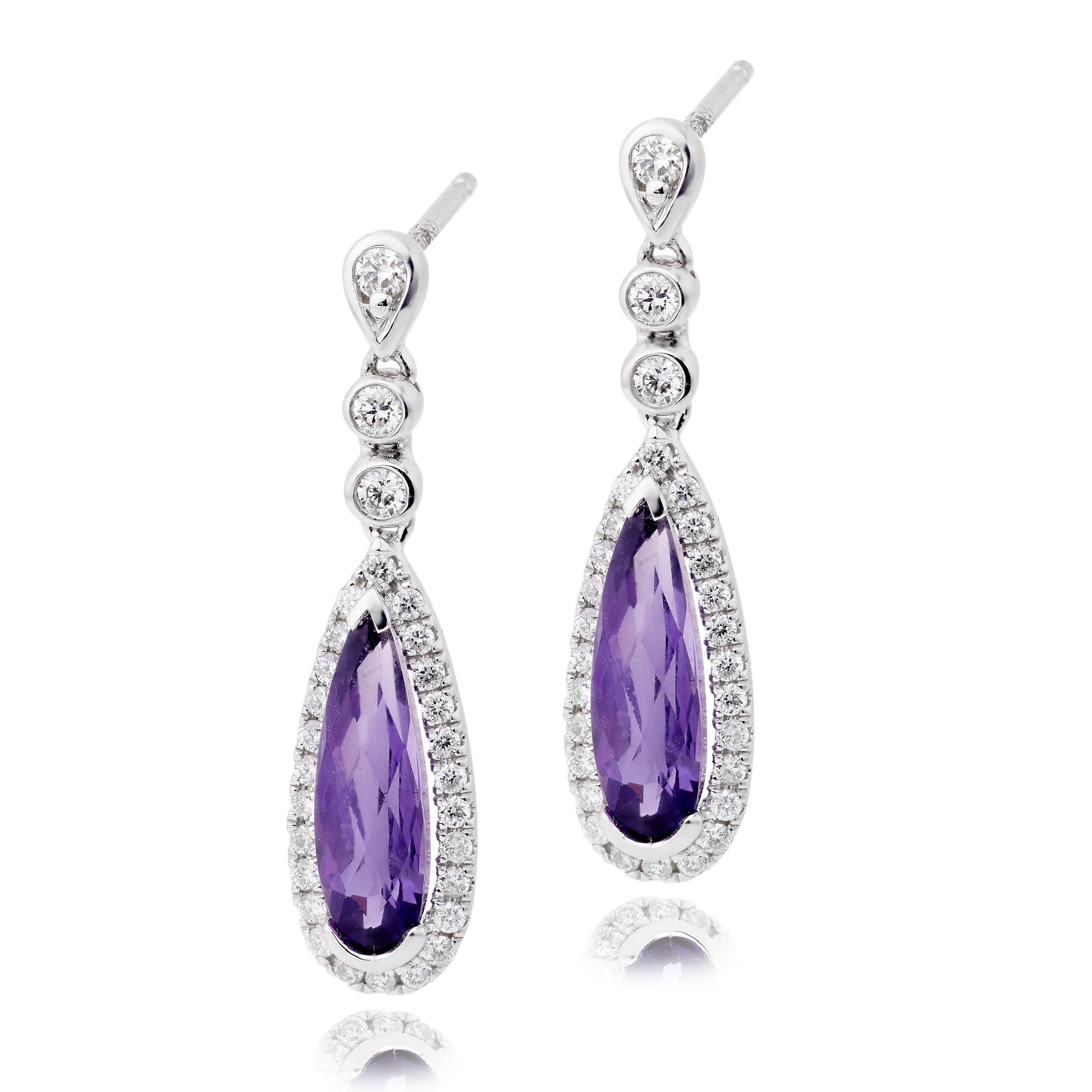 9ct White Gold Diamond Amethyst Drop Earrings | 0132624 | Beaverbrooks ...