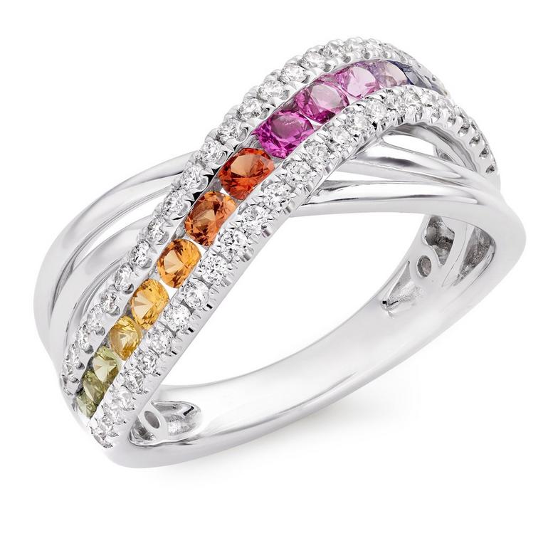 18ct White Gold Diamond Sapphire Rainbow Ring