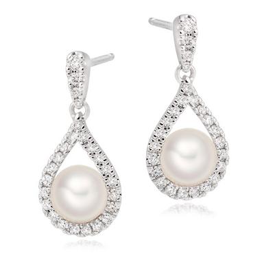 9ct White Gold Diamond Pearl Drop Earrings