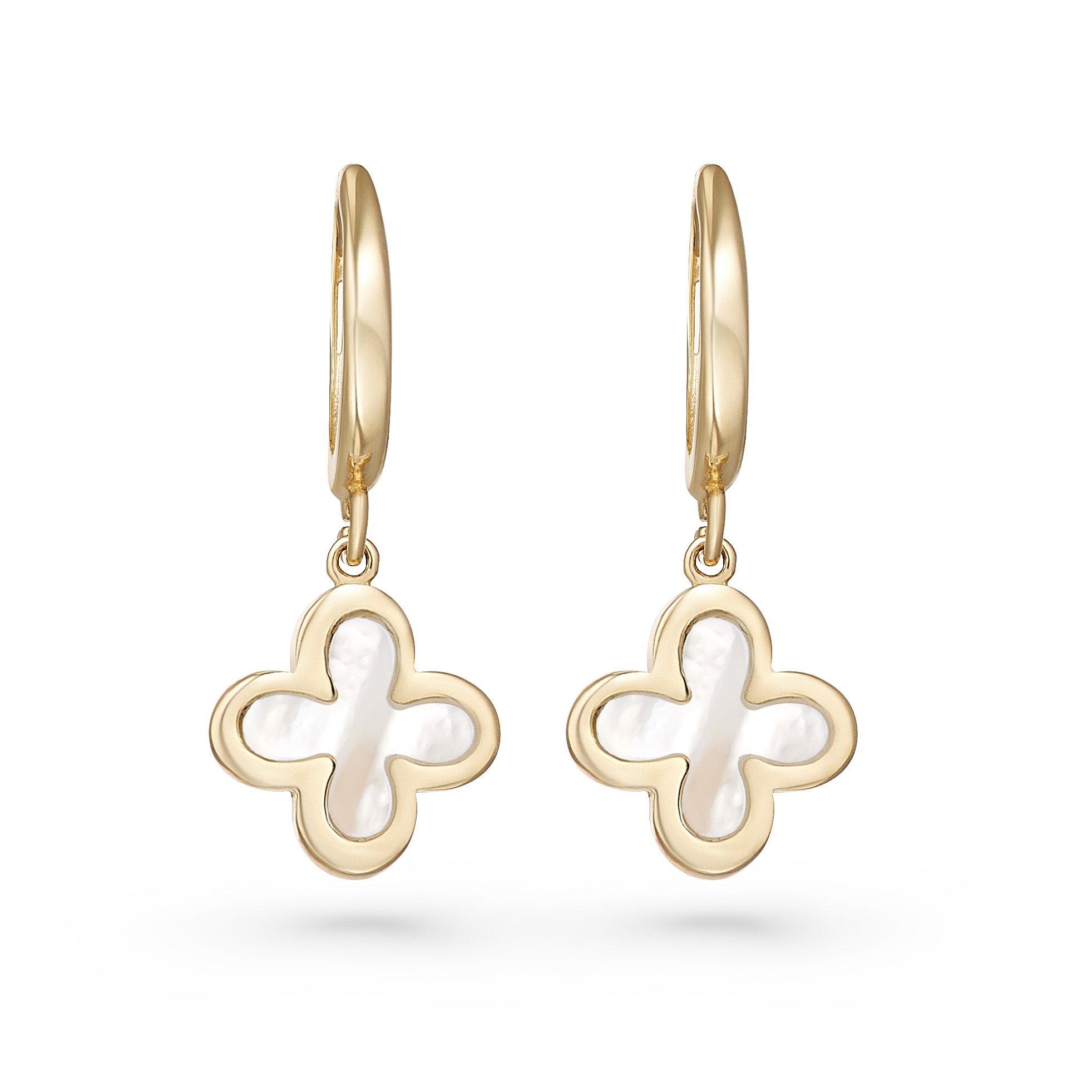 9ct Yellow Gold Mother of Pearl Clover Hoop Earrings