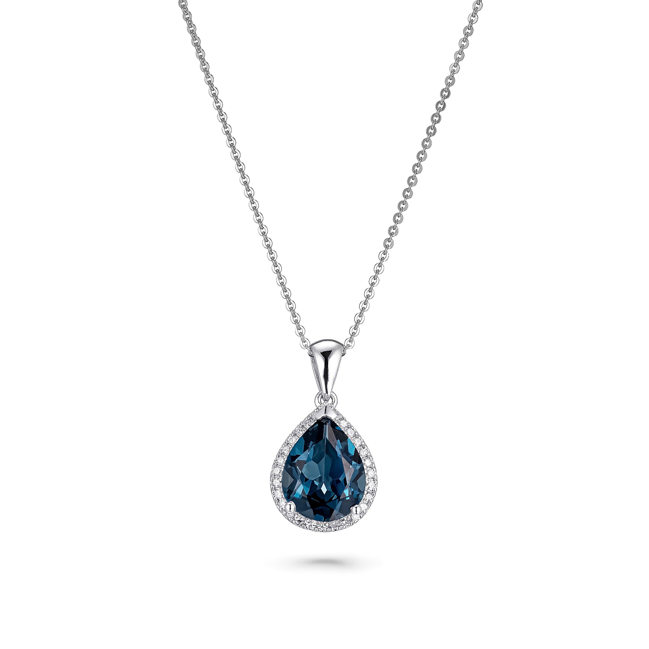 9ct White Gold Diamond Blue Topaz Pendant