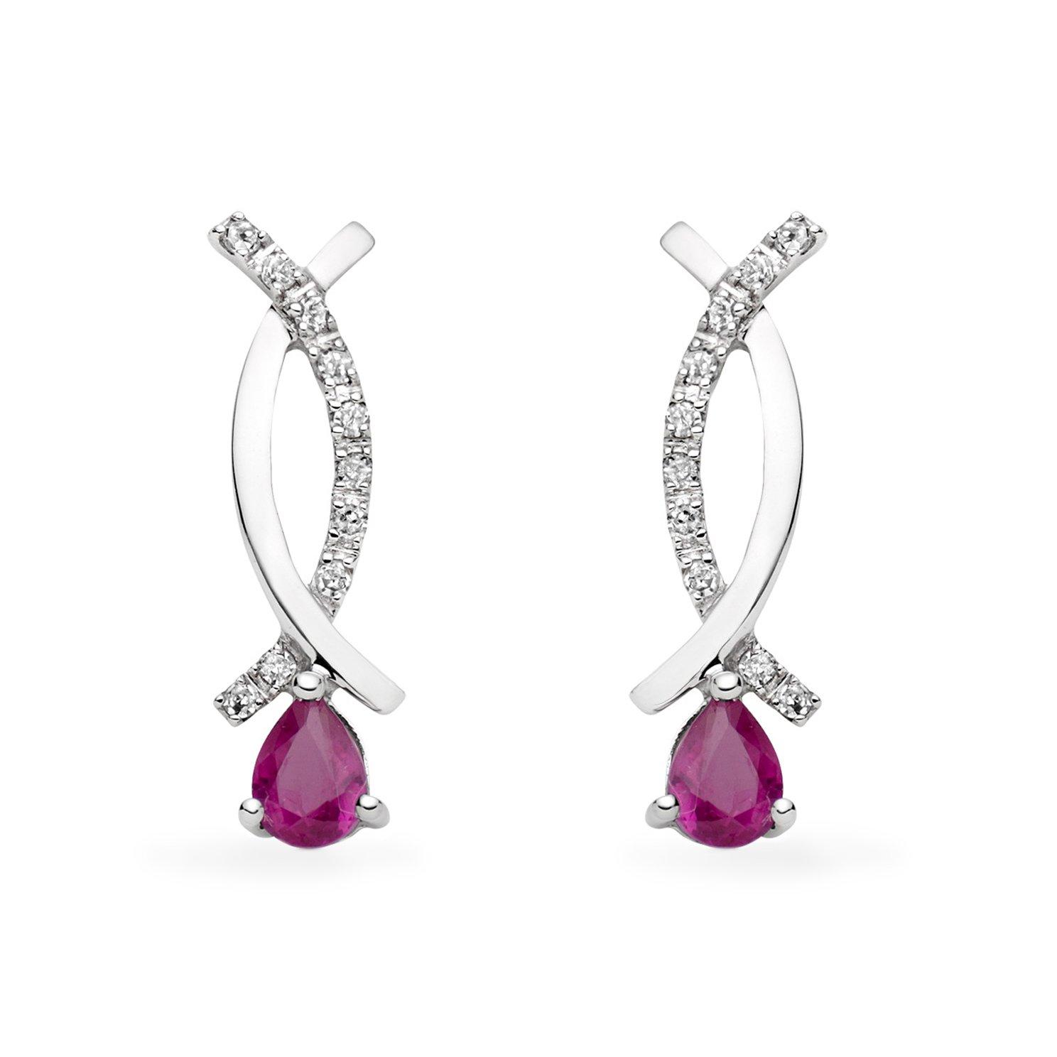 9ct White Gold Diamond Ruby Drop Earrings