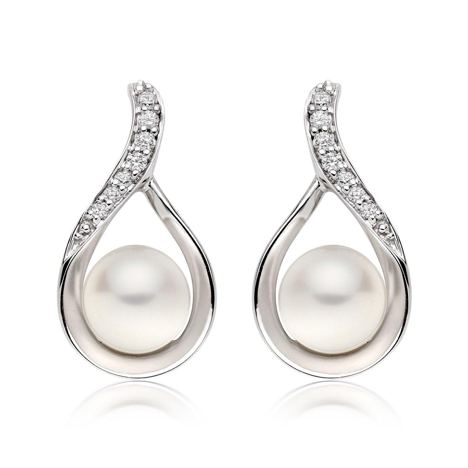 9ct White Gold Diamond Freshwater Cultured Pearl Earrings | 0000581 ...