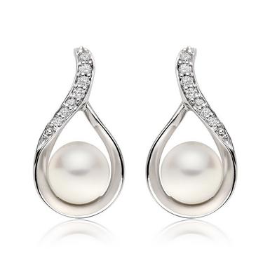 9ct White Gold Diamond Freshwater Cultured Pearl Earrings