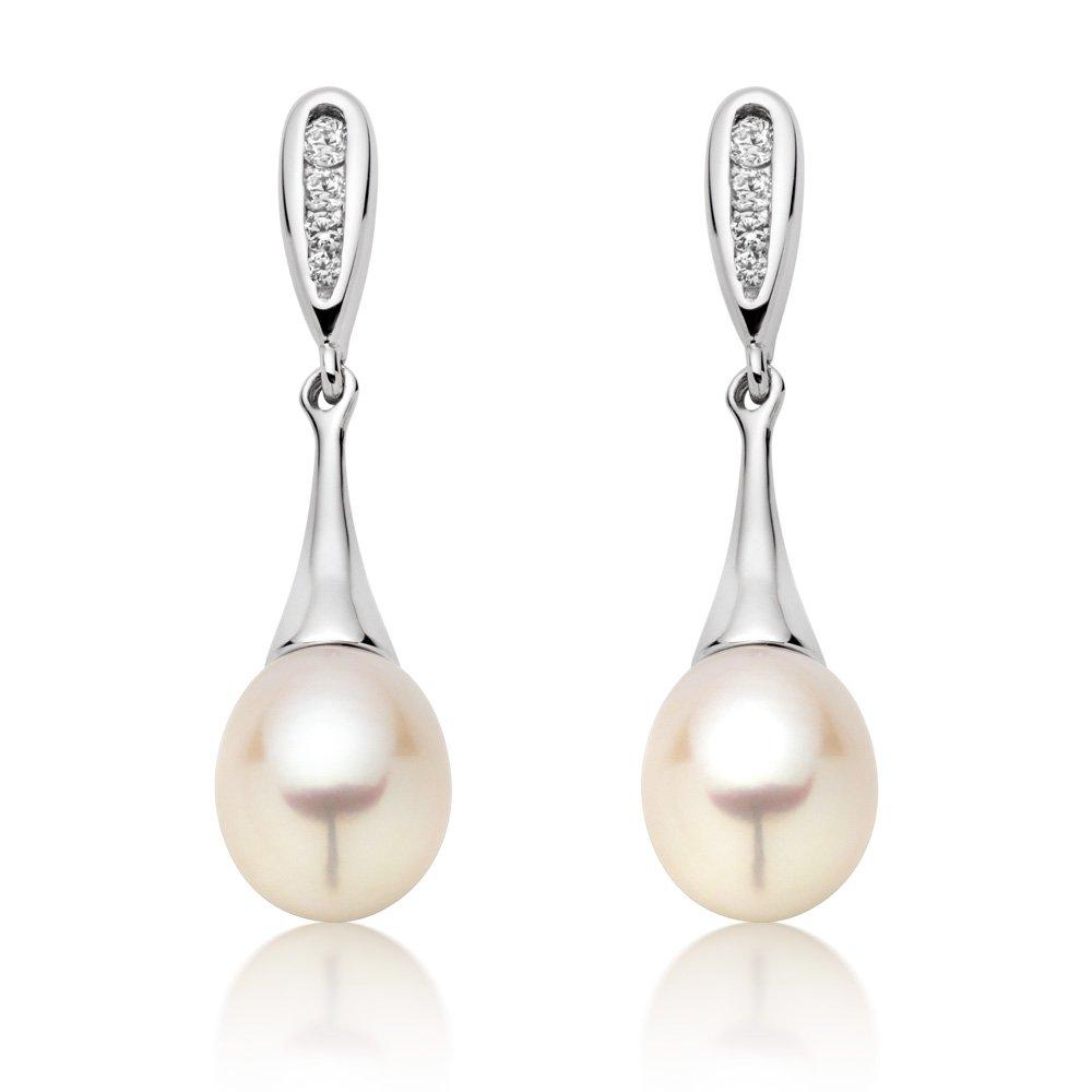 9ct White Gold Pearl and Cubic Zirconia Drop Earrings | 0006860 ...