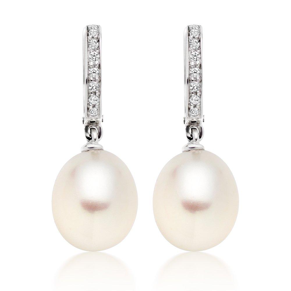 9ct White Gold Cubic Zirconia Freshwater Cultured Pearl Drop Earrings