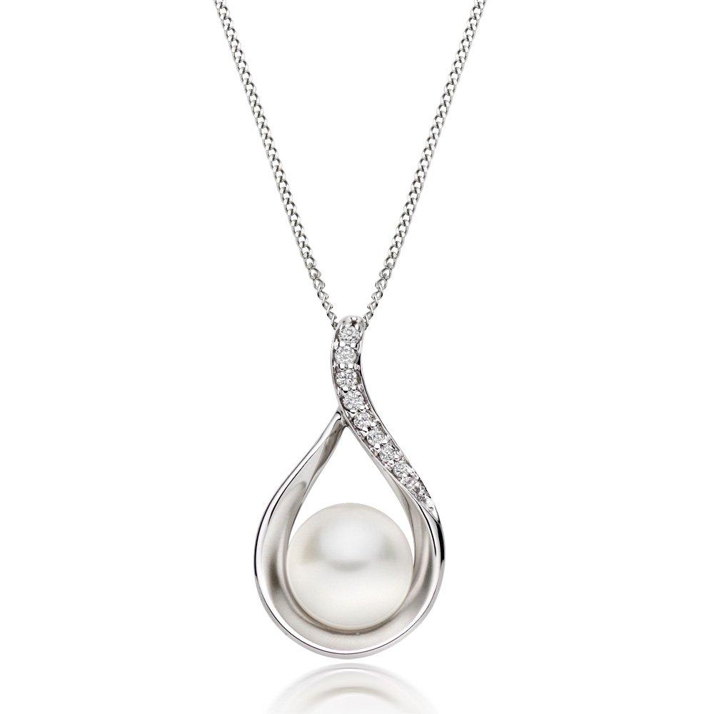 9ct White Gold Diamond Freshwater Cultured Pearl Pendant