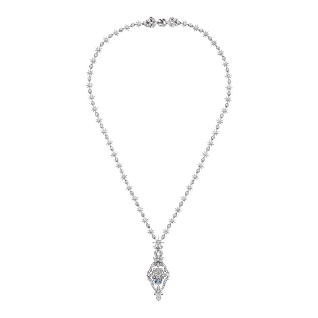 Gucci Lion Head 18ct White Gold Aquamarine Diamond Necklace