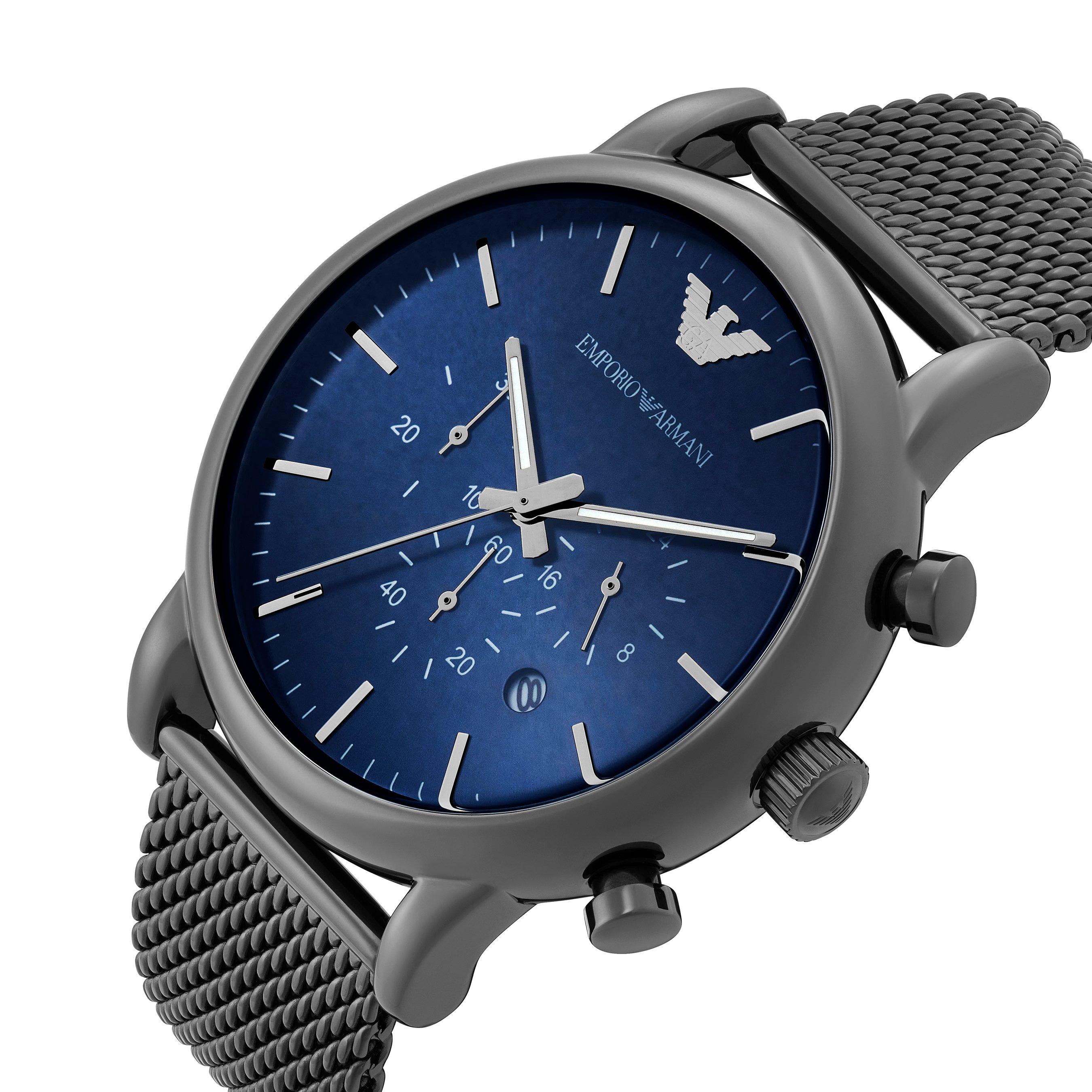 Emporio Armani Gunmetal Ion Plated Men's Watch AR1979 | 46 mm, Blue Dial |  Beaverbrooks