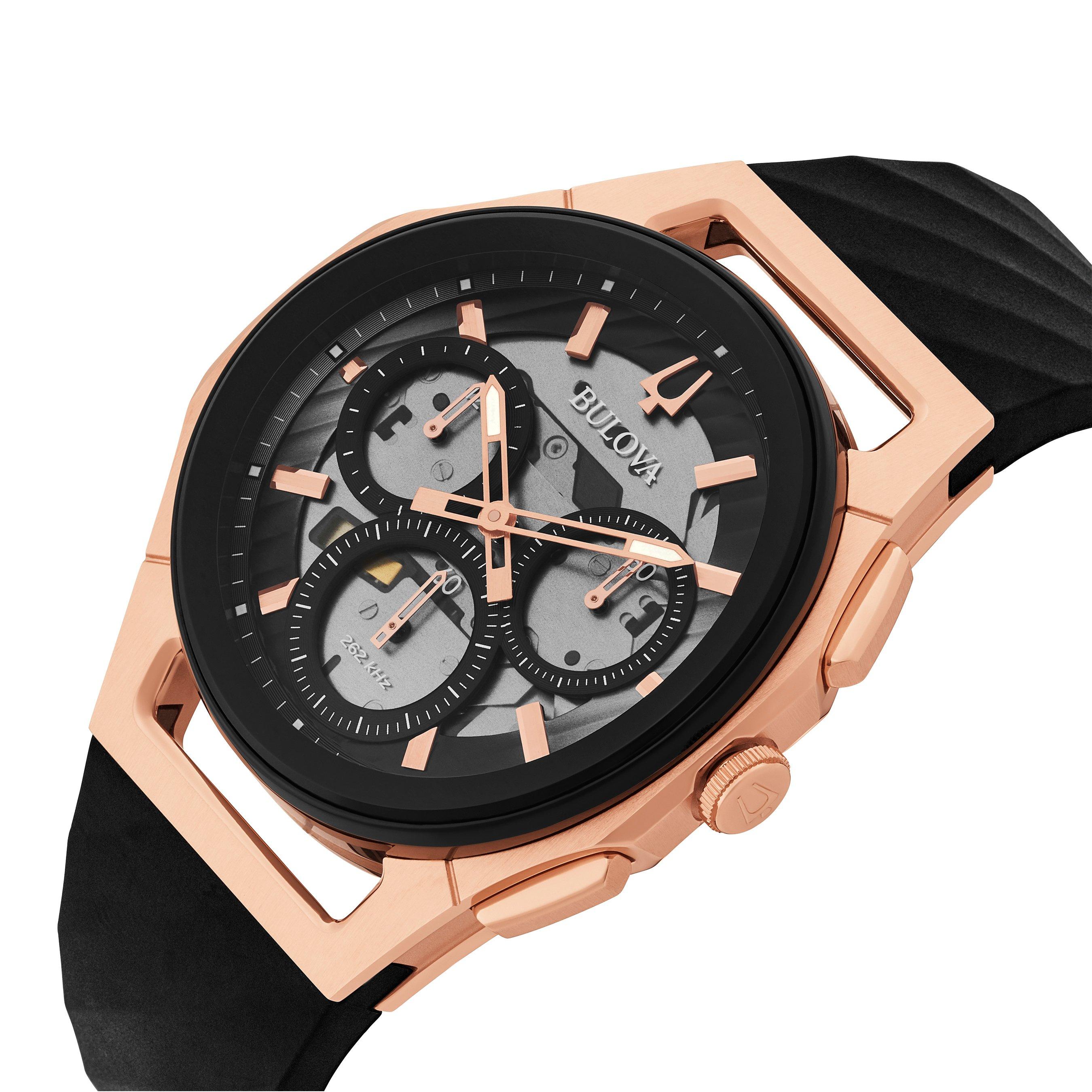 Bulova Curv 44mm Rose Gold Plated Chronograph Men s Watch 98A185 44 mm Black Dial Beaverbrooks