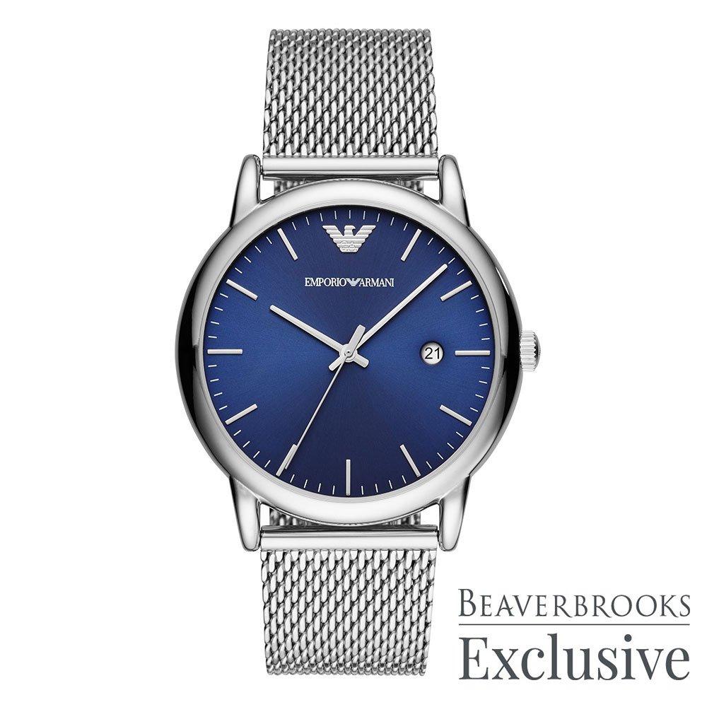 silver and blue armani watch
