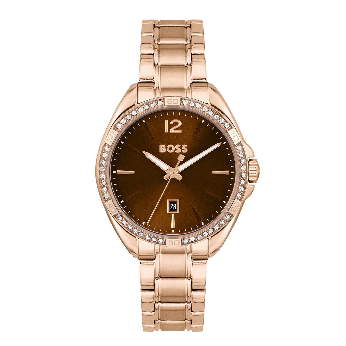 BOSS Felina Rose Gold Tone Ladies Crystal Watch 1502621, 32 mm, Brown Dial