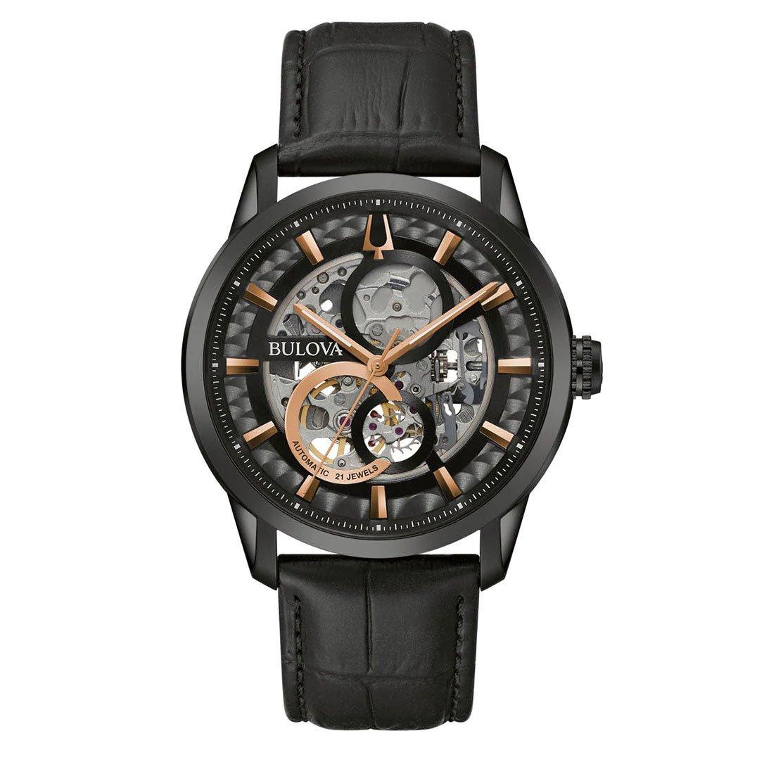 Bulova black shop leather watch