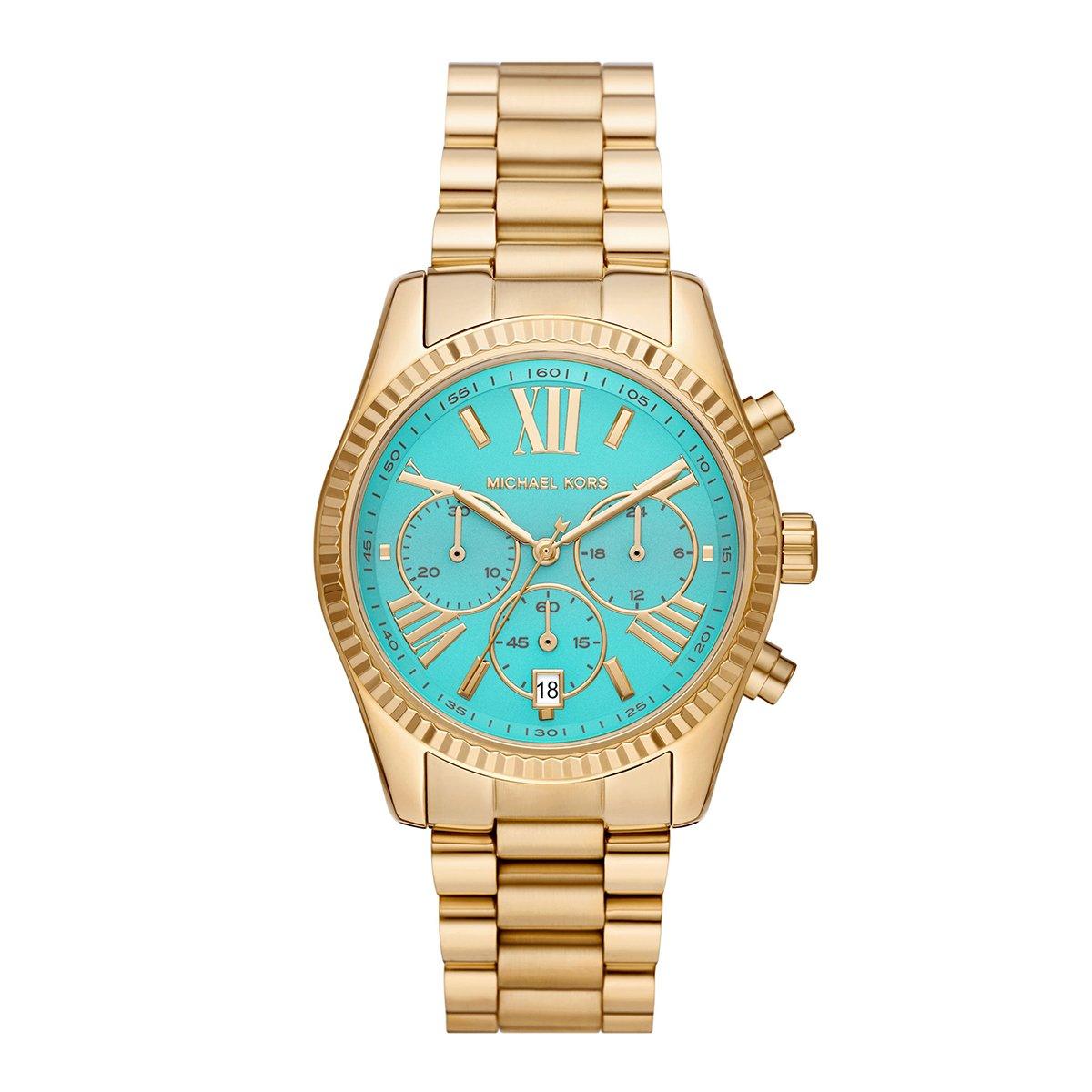 Michael Kors Lexington Gold Tone Chronograph Ladies Watch MK7216 | 38 mm,  Turquoise Dial | Beaverbrooks