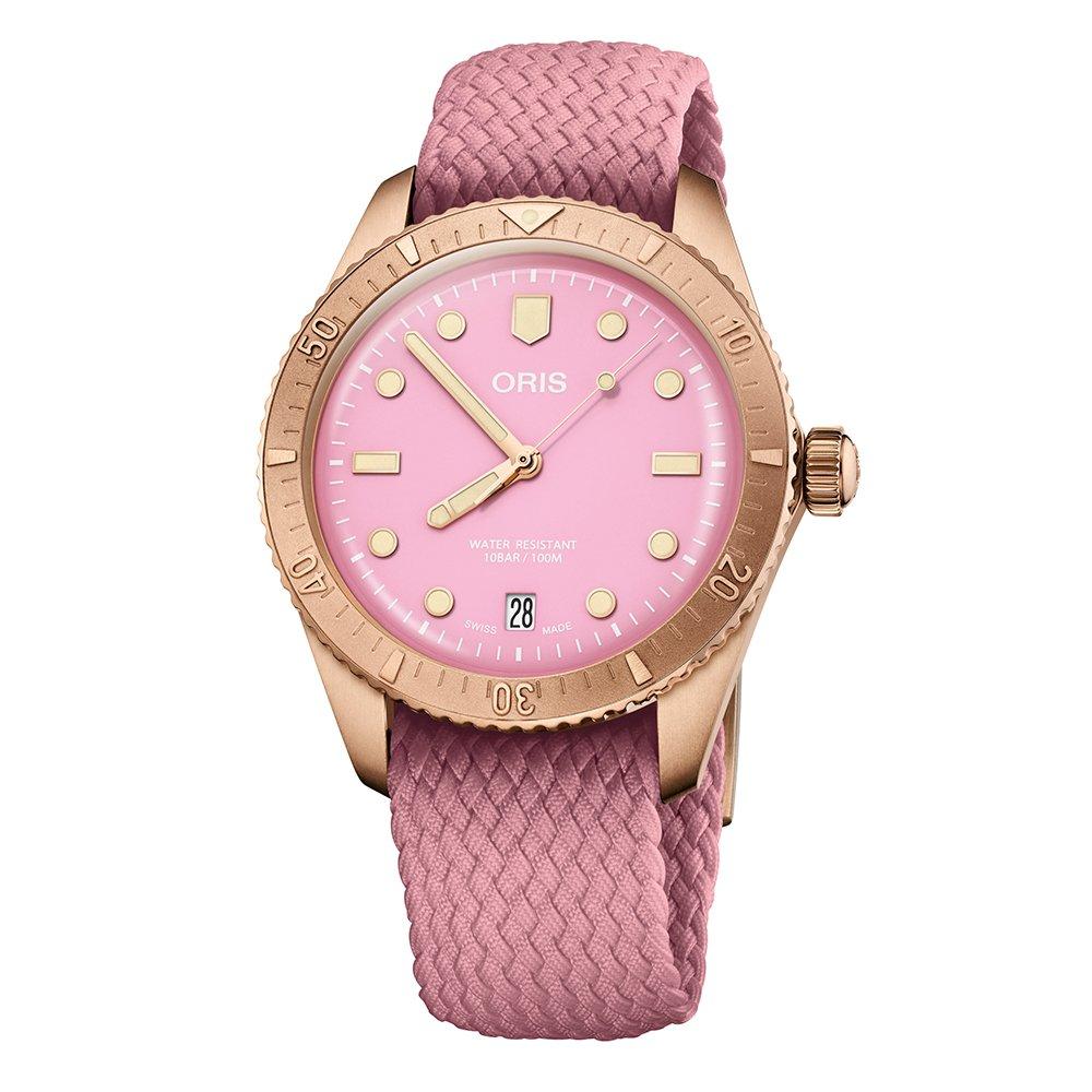 oris divers sixty-five cotton candy bronze pink automatic watch