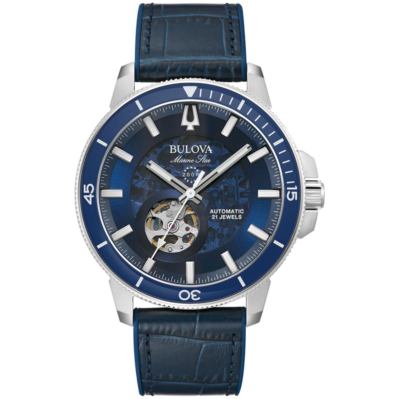 Bulova Marine Star Blue Leather Automatic Men’s Watch 96A291 | 45 mm ...