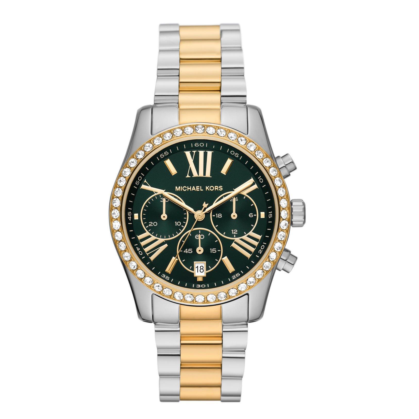 Michael Kors Lexington Stainless Steel and Gold Tone Green Chronograph ...