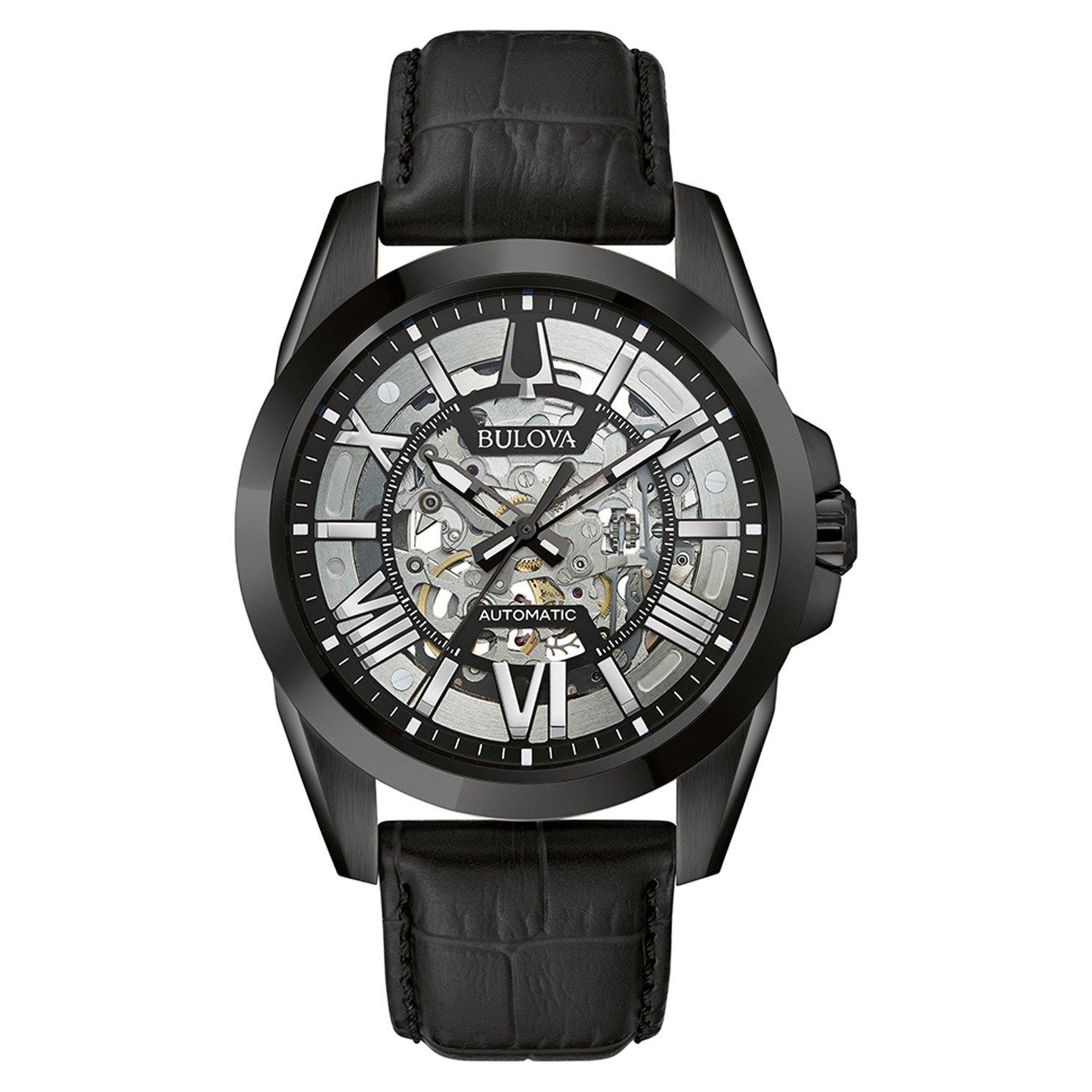 Bulova men's black leather strap outlet watch