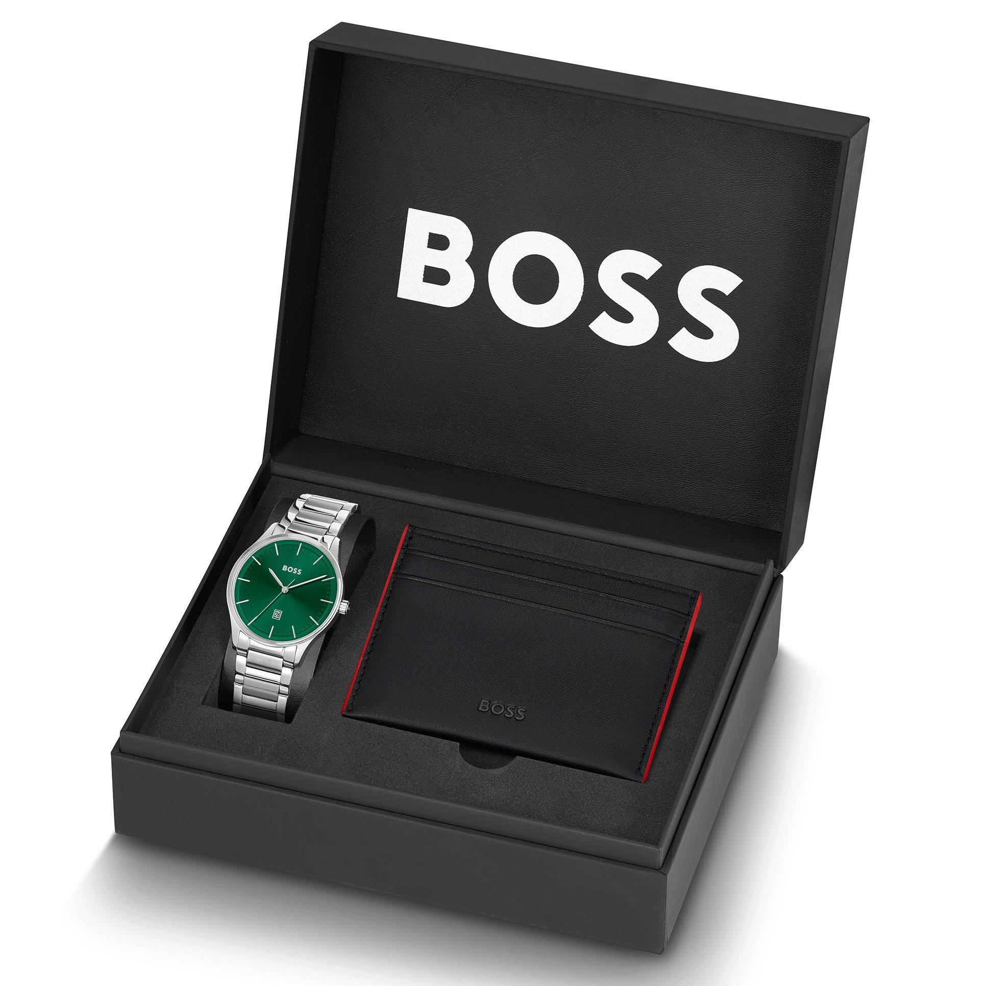BOSS Reason Stainless Steel Quartz Men\'s Watch and Cardholder Set 1570167 |  43 mm, Green Dial | Beaverbrooks